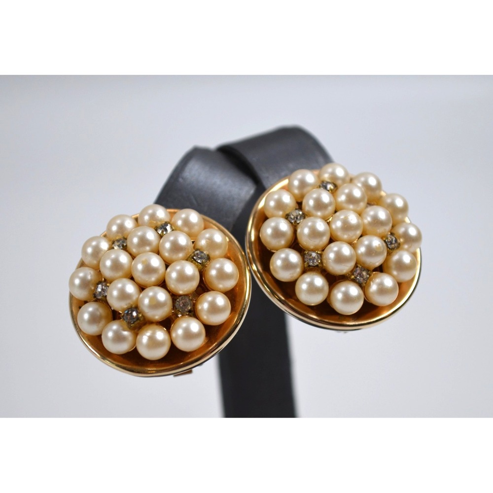 Vintage Kramer Gold Tone Clip On Earrings Faux Pearls & Clear Rhinestones 1"